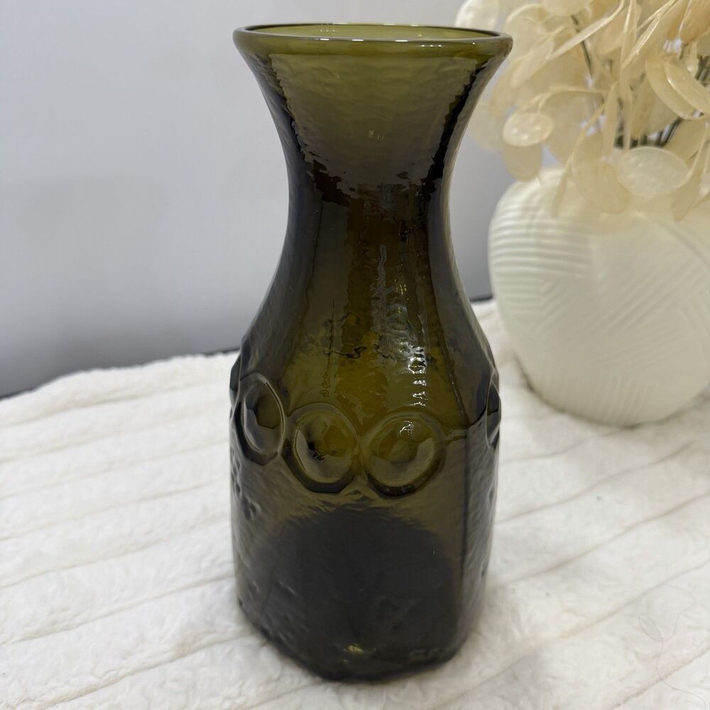 Vintage Tiffin Franciscan Madeira Olive Green Glass Wine Carafe / Vase | 1970s